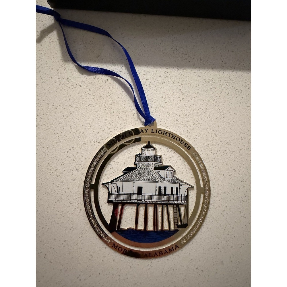 Mobile Middle Bay Lighthouse Nations Treasure 24k Gold Flashed 3-D Ornament